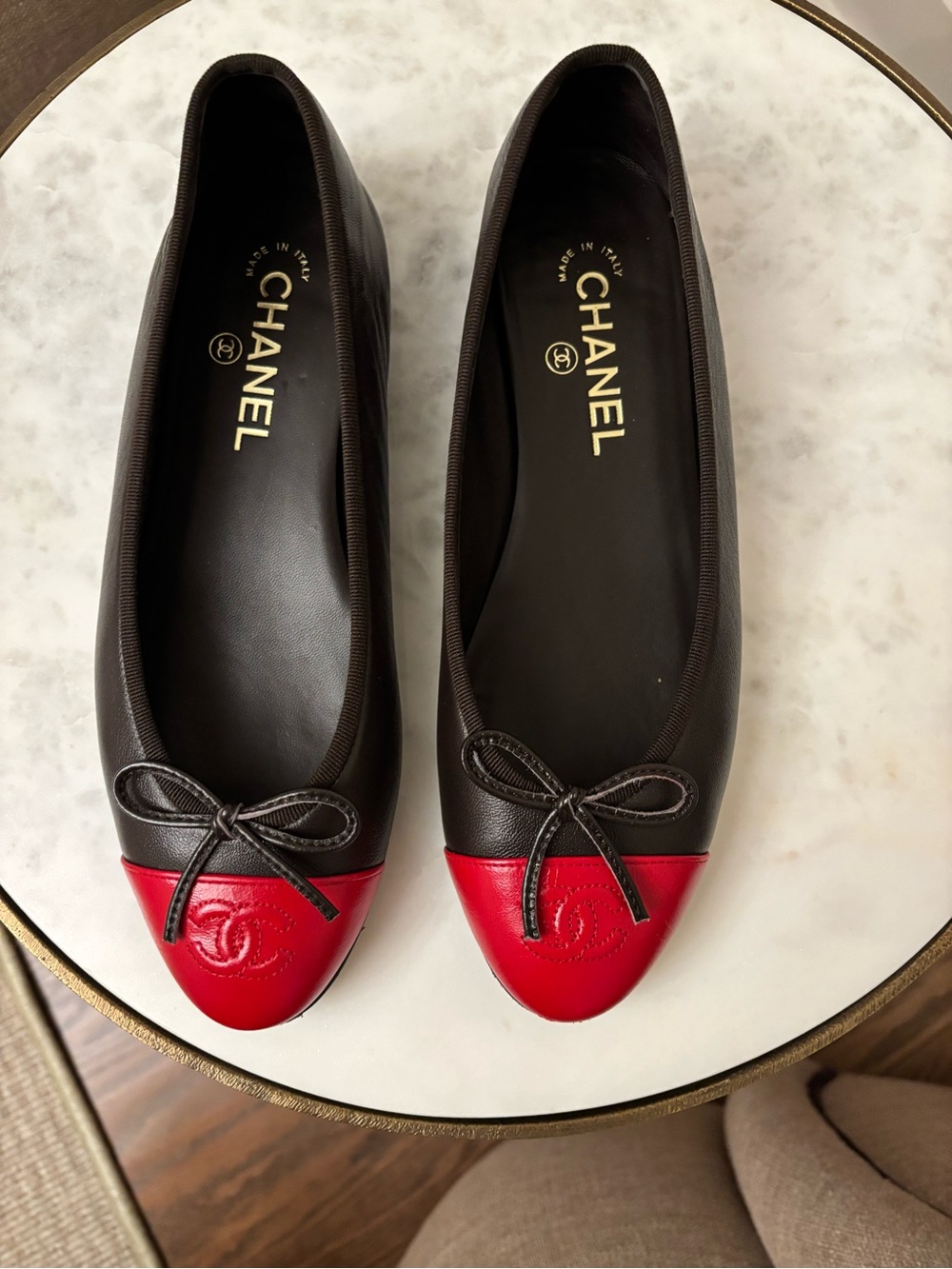CHANEL Brown Leather Ballet Flats with Red Cap Toe